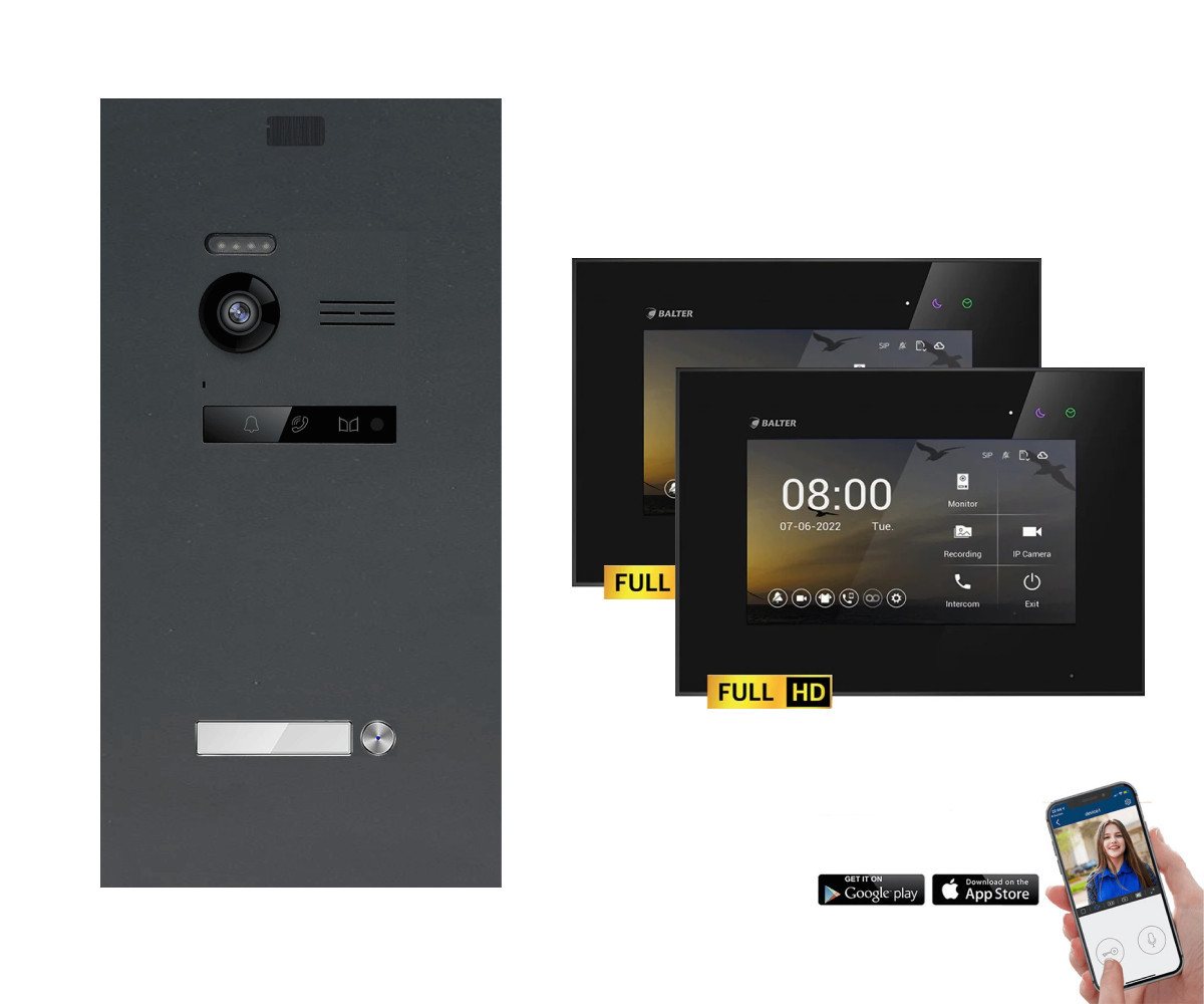 Balter Video-Türsprechanlage EVO-HD Komplettsystem 1-Familie Anthrazit 2x 7" WLAN Monitore Schwarz (Set, 1-Familienhaus, Komplettset, FullHD Kamera, mit App) von Balter