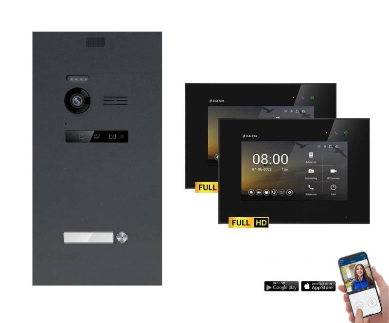 Balter Video-Türsprechanlage EVO-HD Komplettsystem 1-Familie Anthrazit 2x 7" WLAN Monitore Schwarz (Set, 1-Familienhaus, Komplettset, FullHD Kamera, mit App) von Balter