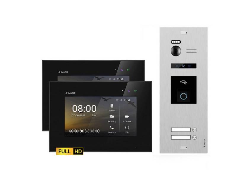 Balter Video-Türsprechanlage EVO HD Set Silber für 2-Familien Fingerprint und RFID 2x Monitore (Set, 2-Familienhaus, Komplettsett, Full HD 175° Kamera, Fingerprint, RFID) von Balter