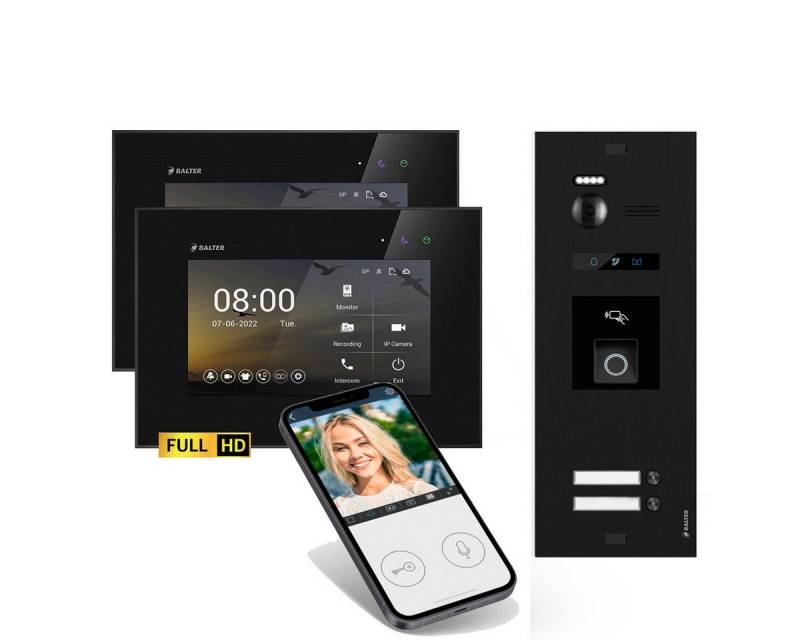 Balter Video-Türsprechanlage EVO HD WLAN Set Schwarz für 2-Familien Fingerprint und RFID 2xMonitore (Set, 2-Familienhaus, Komplettsett, Full HD 175° Kamera, Fingerprint, RFID) von Balter