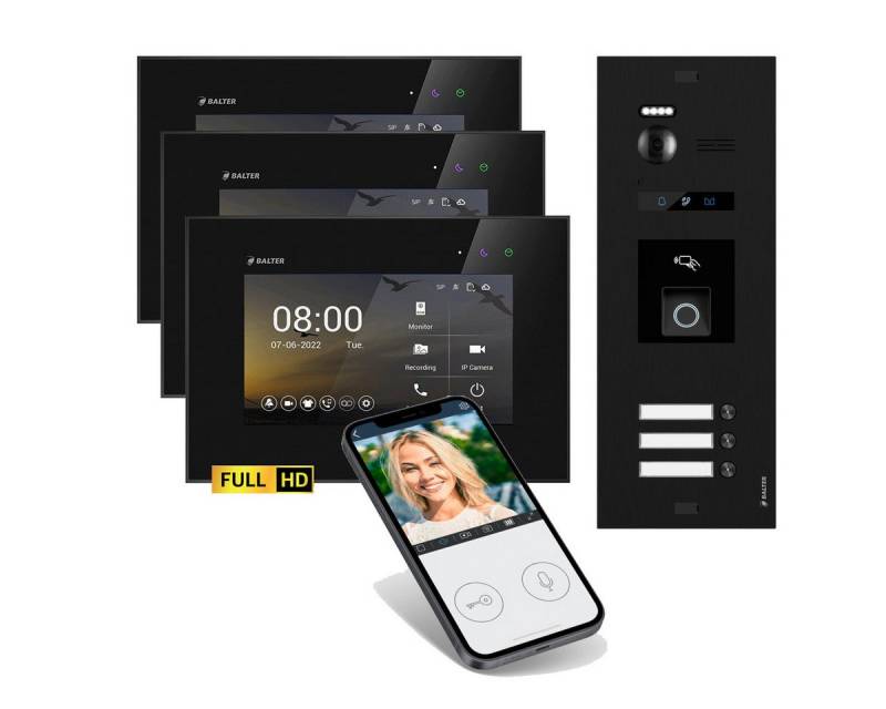 Balter Video-Türsprechanlage EVO HD WLAN Set Schwarz für 3-Familien Fingerprint und RFID 3xMonitore (Set, 3-Familienhaus, Komplettsett, Full HD 175° Kamera, Fingerprint, RFID) von Balter