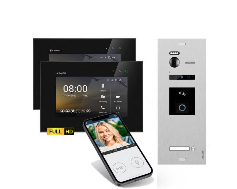 Balter Video-Türsprechanlage EVO HD WLAN Set Silber für 1-Familie Fingerprint und RFID 2xMonitore (Set, 1-Familienhaus, Komplettsett, Full HD 175° Kamera, Fingerprint, RFID) von Balter