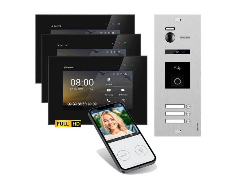 Balter Video-Türsprechanlage EVO HD WLAN Set Silber für 3-Familien Fingerprint und RFID 3x Monitore (Set, 3-Familienhaus, Komplettsett, Full HD 175° Kamera, Fingerprint, RFID) von Balter