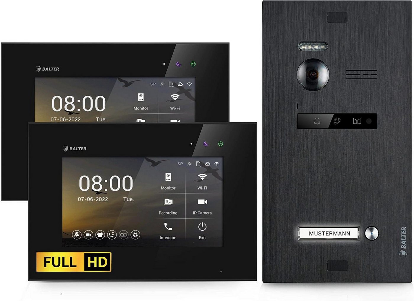 Balter Video-Türsprechanlage EVO HD für 1 Familienhaus, 2x Monitor BL, Full HD, 2-Draht, Schwarz (Komplettset, 2-tlg., Full HD Video, Interkom, 2-Draht BUS) von Balter