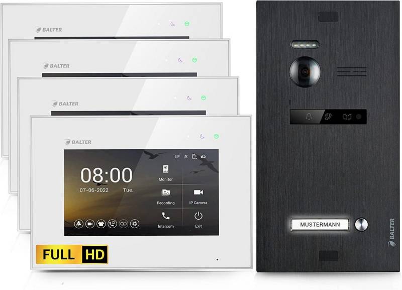 Balter Video-Türsprechanlage EVO HD für 1 Familienhaus, 4x Monitore, Full HD, 2-Draht, Schwarz (Komplettset, 4-tlg) von Balter