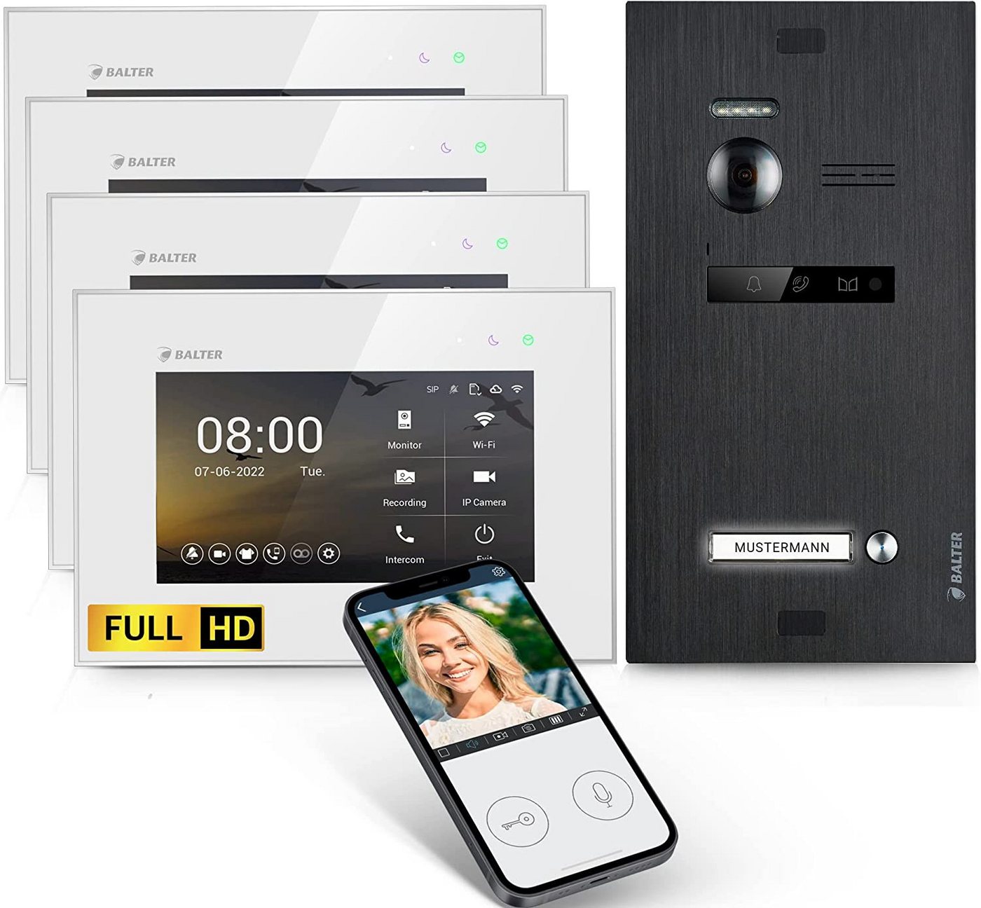 Balter Video-Türsprechanlage EVO HD mit App für 1 Familienhaus, 4x Monitor Full HD 2-Draht Schwarz (Komplettset, 4-tlg., Full HD Kamera, 175 Grad Sichtwinkel, Smartphone App, WLAN) von Balter