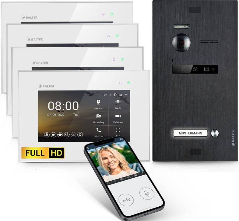Balter Video-Türsprechanlage EVO HD mit App für 1 Familienhaus, 4x Monitor Full HD 2-Draht Schwarz (Komplettset, 4-tlg., Full HD Kamera, 175 Grad Sichtwinkel, Smartphone App, WLAN) von Balter