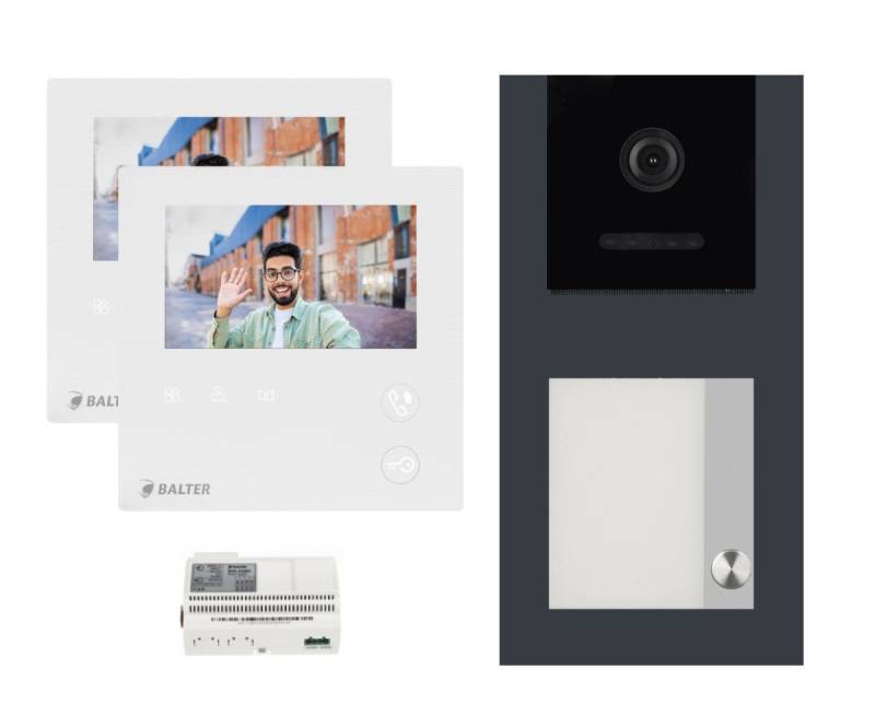 Balter Video-Türsprechanlage EVO MINI Aufputz Komplettset für 1-Familie Anthrazit 2x 4.3" Monitore (Set, 1-Familienhaus, Komplettsett, 2-Draht BUS, 150° Weitwinkel-Kamera) von Balter