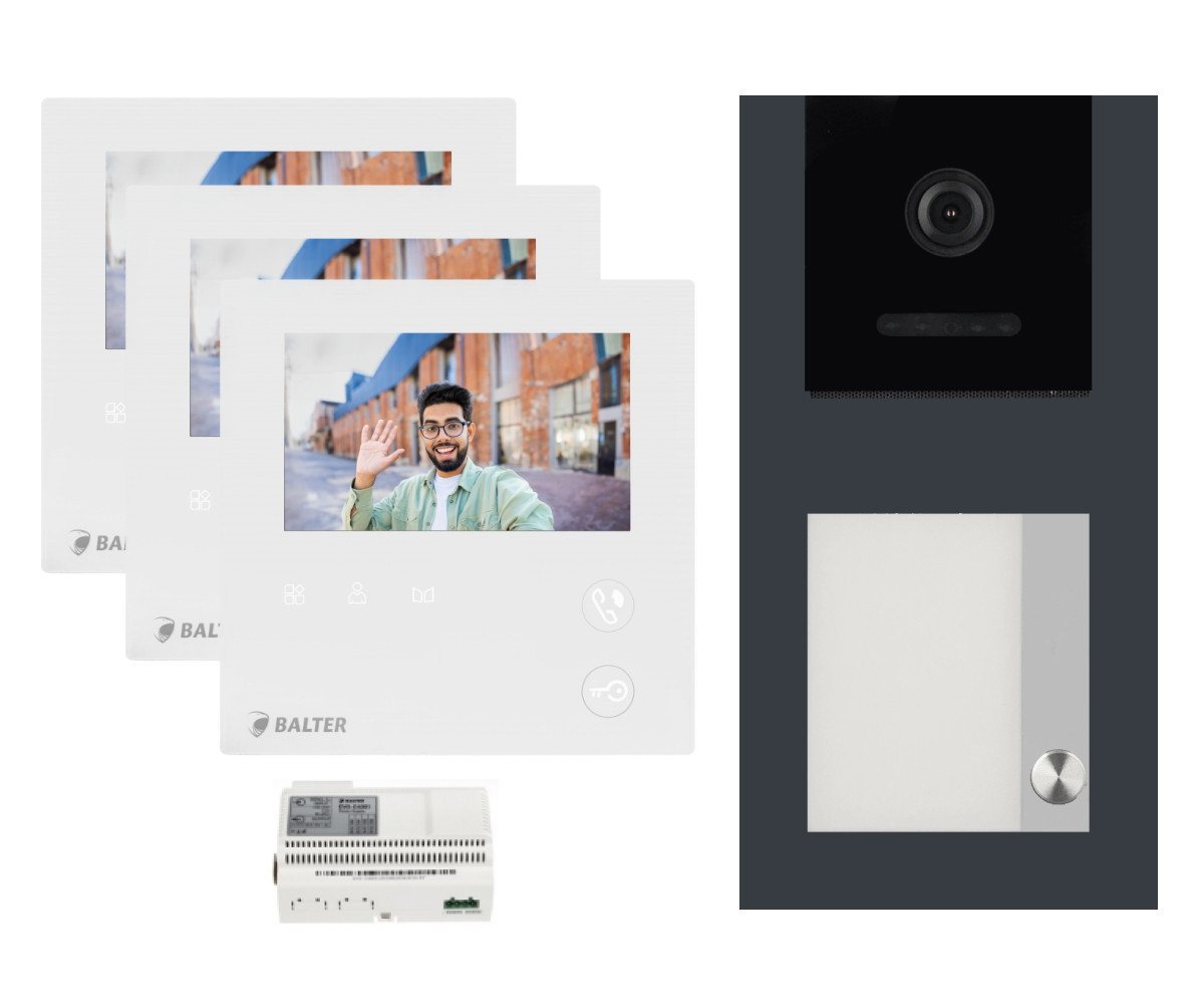 Balter Video-Türsprechanlage EVO MINI Aufputz Komplettset für 1-Familie Anthrazit 3x 4.3" Monitore (Set, 1-Familienhaus, Komplettsett, 2-Draht BUS, 150° Weitwinkel-Kamera) von Balter