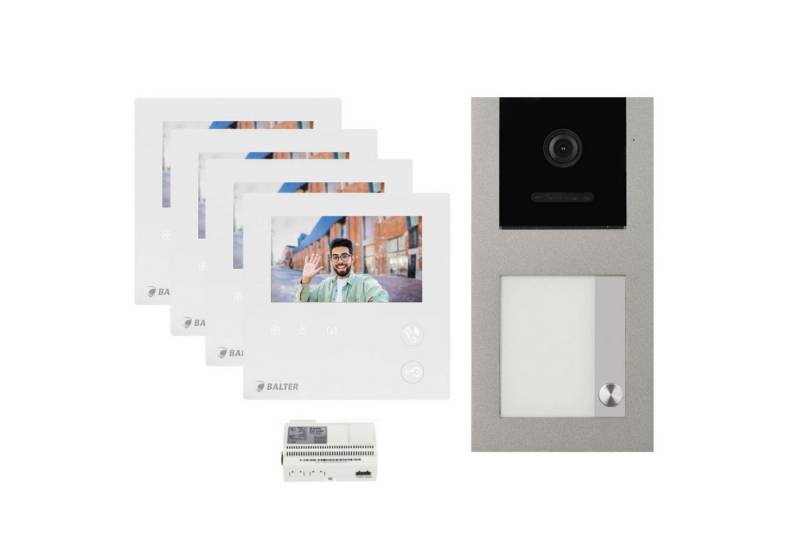 Balter Video-Türsprechanlage EVO MINI Grau Komplettset für 1-Familie Anthrazit 4x 4.3" Monitore (Set, 1-Familienhaus, Komplettsett, 2-Draht BUS, 150° Weitwinkel-Kamera) von Balter