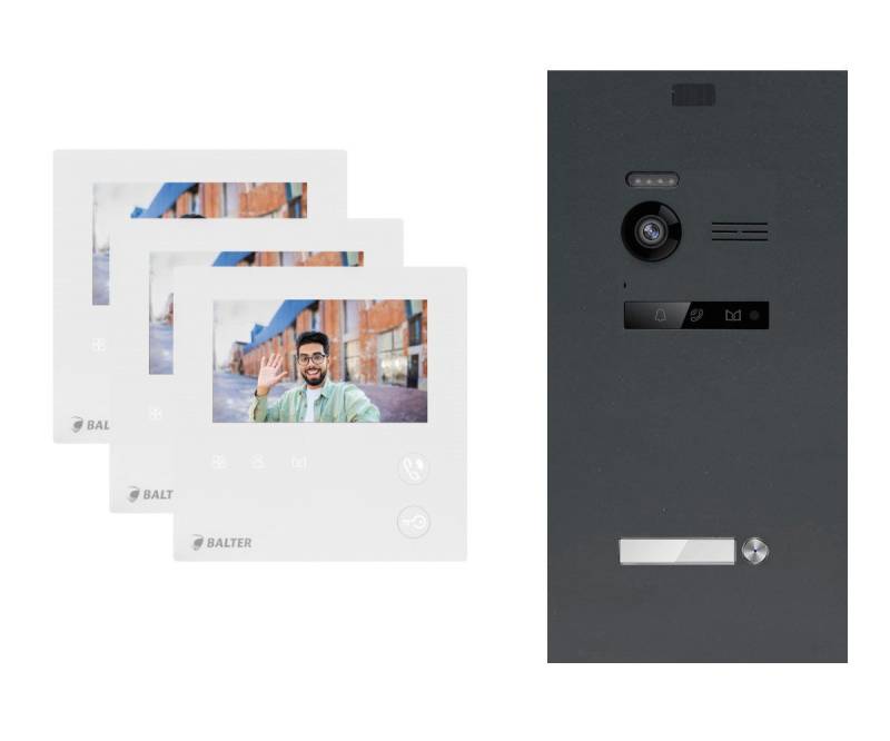 Balter Video-Türsprechanlage EVO MINI Komplettsystem für 1-Familienhaus Anthrazit 3x 4.3" Monitore (Set, 1-Familienhaus, Komplettsett, 2-Draht BUS, 150° Weitwinkel-Kamera) von Balter