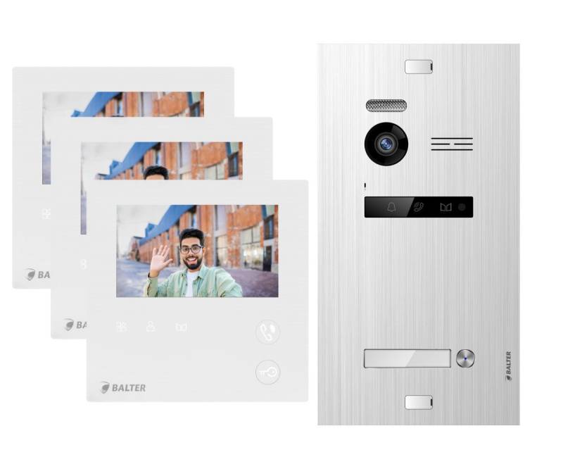 Balter Video-Türsprechanlage EVO MINI Komplettsystem für 1-Familienhaus Silber 3x 4.3" Monitore (Set, 1-Familienhaus, Komplettsett, 2-Draht BUS, 150° Weitwinkel-Kamera) von Balter