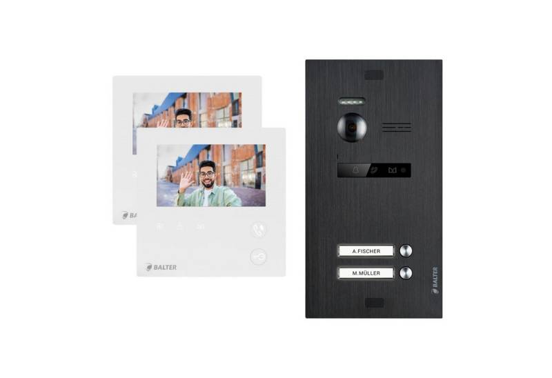 Balter Video-Türsprechanlage EVO MINI Komplettsystem für 2-Familienhaus Schwarz 2x 4.3" Monitore (Set, 2-Familienhaus, Komplettsett, 2-Draht BUS, 150° Weitwinkel-Kamera) von Balter