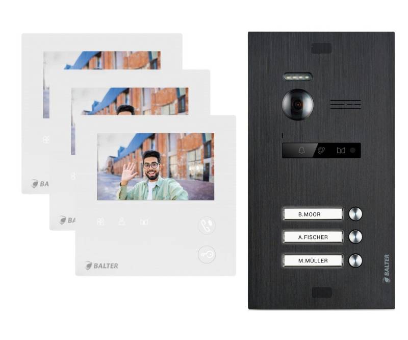 Balter Video-Türsprechanlage EVO MINI Komplettsystem für 3-Familienhaus Schwarz 3x 4.3" Monitore (Set, 3-Familienhaus, Komplettsett, 2-Draht BUS, 150° Weitwinkel-Kamera) von Balter