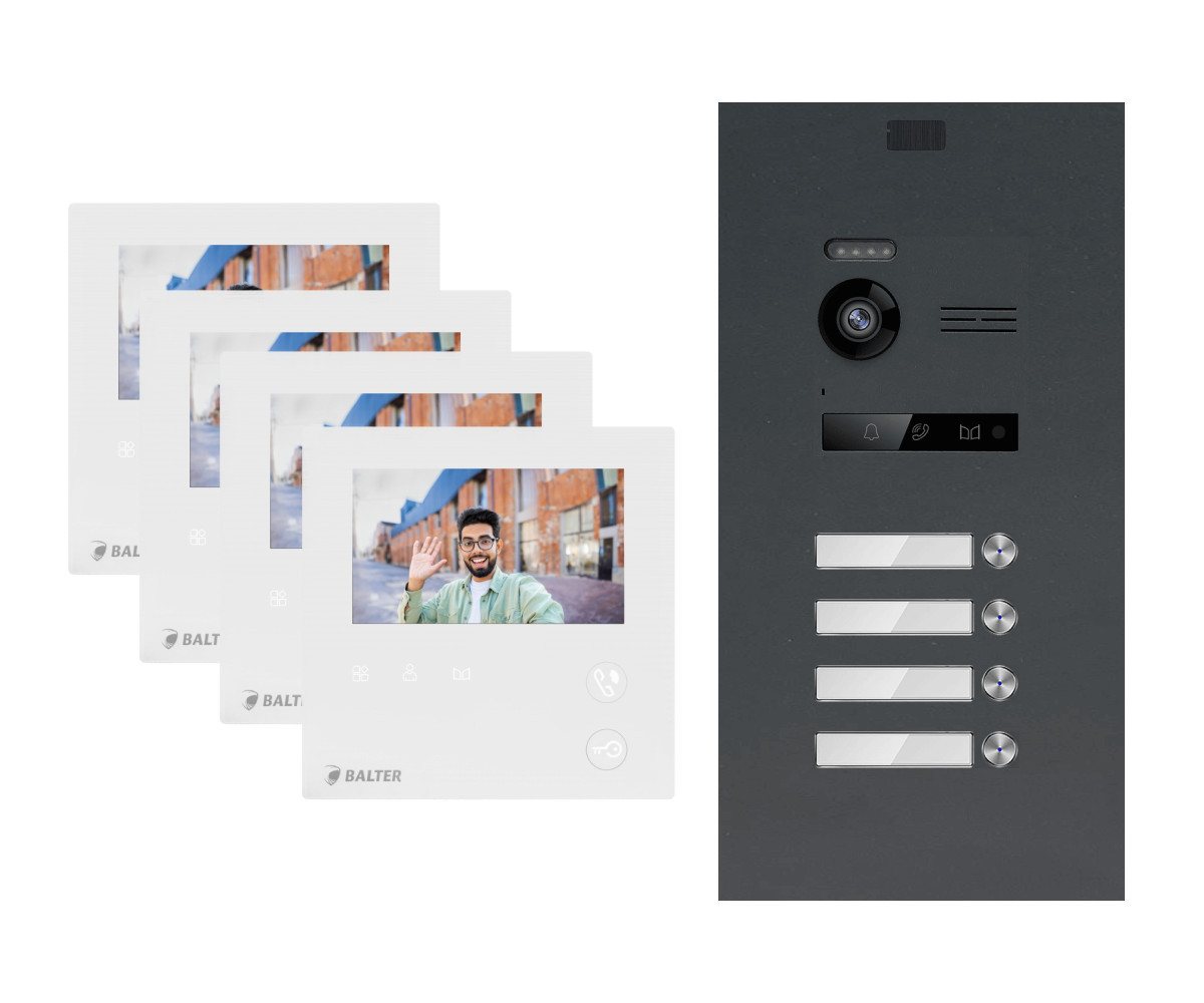 Balter Video-Türsprechanlage EVO MINI Komplettsystem für 4-Familienhaus Anthrazit 4x 4.3" Monitore (Set, 4-Familienhaus, Komplettsett, 2-Draht BUS, 150° Weitwinkel-Kamera) von Balter