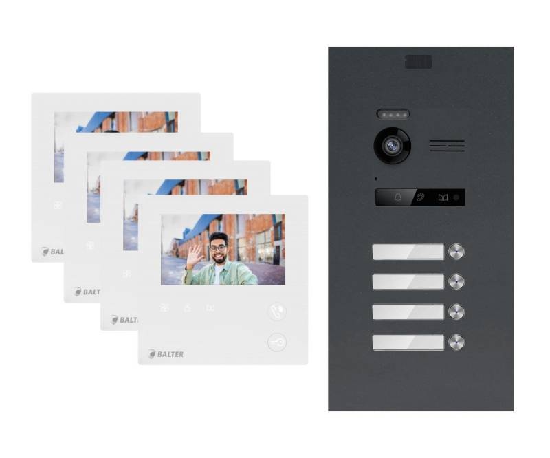 Balter Video-Türsprechanlage EVO MINI Komplettsystem für 4-Familienhaus Anthrazit 4x 4.3" Monitore (Set, 4-Familienhaus, Komplettsett, 2-Draht BUS, 150° Weitwinkel-Kamera) von Balter