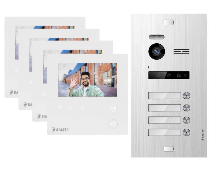 Balter Video-Türsprechanlage EVO MINI Komplettsystem für 4-Familienhaus Silber 4x 4.3" Monitore (Set, 4-Familienhaus, Komplettsett, 2-Draht BUS, 150° Weitwinkel-Kamera) von Balter