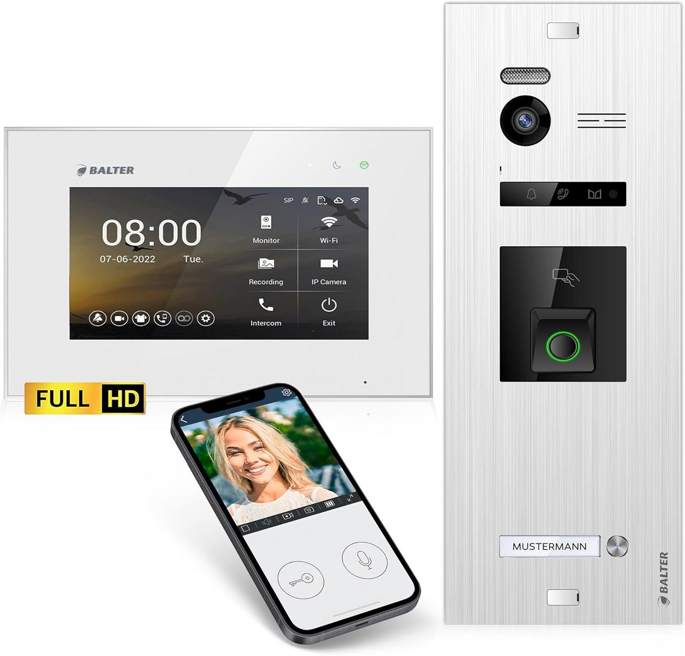 Balter Video-Türsprechanlage HD Fingerprint RFID und Smartphone App für 1 Familienhaus, 1x Monitor (Komplettset, App, Fingerprint, RFID, 2-Draht-Bus) von Balter