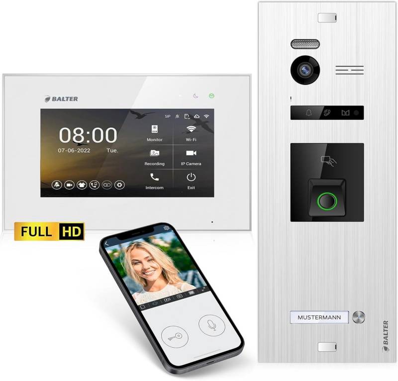 Balter Video-Türsprechanlage HD Fingerprint RFID und Smartphone App für 1 Familienhaus, 1x Monitor (Komplettset, App, Fingerprint, RFID, 2-Draht-Bus) von Balter
