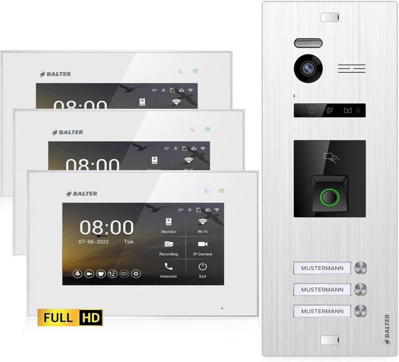 Balter Video-Türsprechanlage HD Video Türsprechanlage mit Fingerprint und RFID für 3 Familienhaus (Mehrfamilienhaus, Komplettset, 8-tlg., 3 Familienhaus, Fingerprint, RFID, FULL HD, Dreifamilienhaus) von Balter