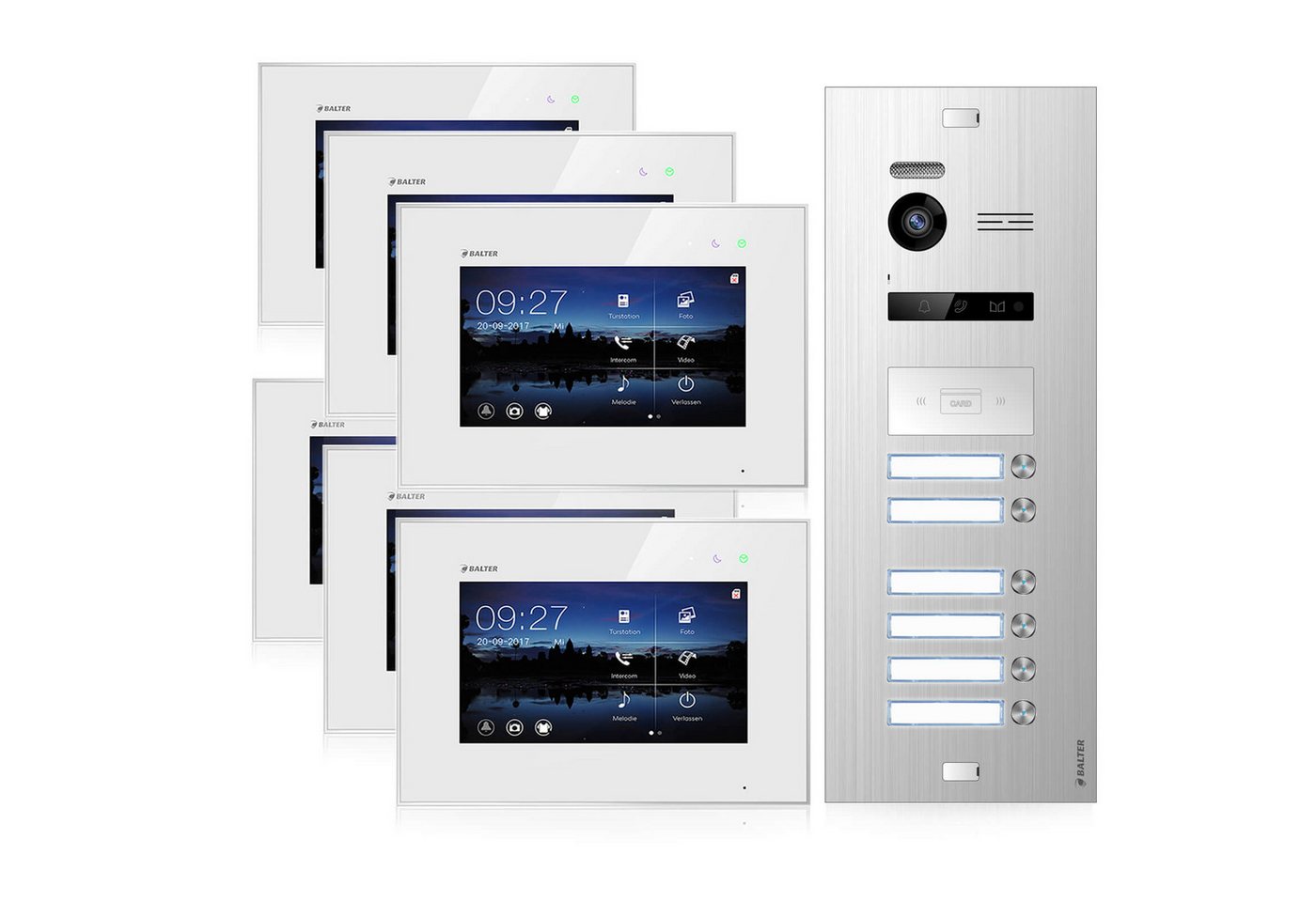 Balter Video-Türsprechanlage Video Türsprechanlage für 6 Familienhaus, 6x Monitore, Balter EVO (Komplettset, 7-tlg., 150 Grad Winkelkamera) von Balter