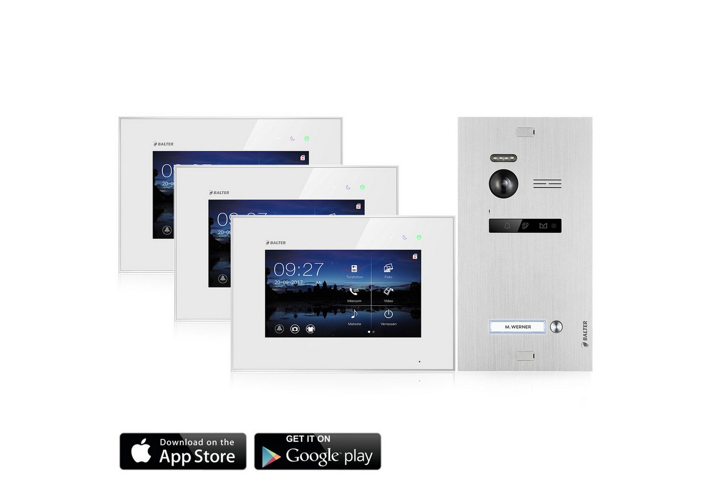 Balter Video-Türsprechanlage Video Türsprechanlage mit App für 1 Familienhaus, 3x Monitore (Komplettset, 4-tlg., 150 Grad Winkelkamera, WIFI) von Balter