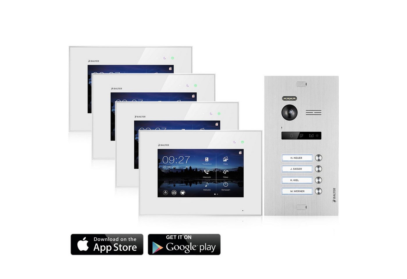 Balter Video-Türsprechanlage Video Türsprechanlage mit App für 4 Familienhaus, 4x Monitore (Komplettset, 4-tlg., 150 Grad Winkelkamera, WIFI) von Balter