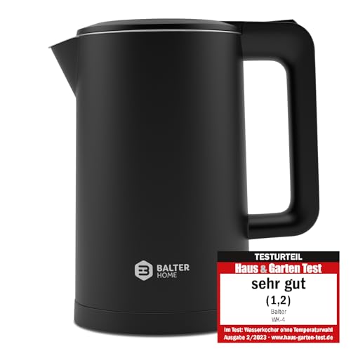 Balter Wasserkocher Edelstahl WK-4, 1,7 Liter, elektrischer Wasserkocher, Doppelwand Design, BPA frei, LED, Teekocher Kompakt, leise (Schwarz) von Balter