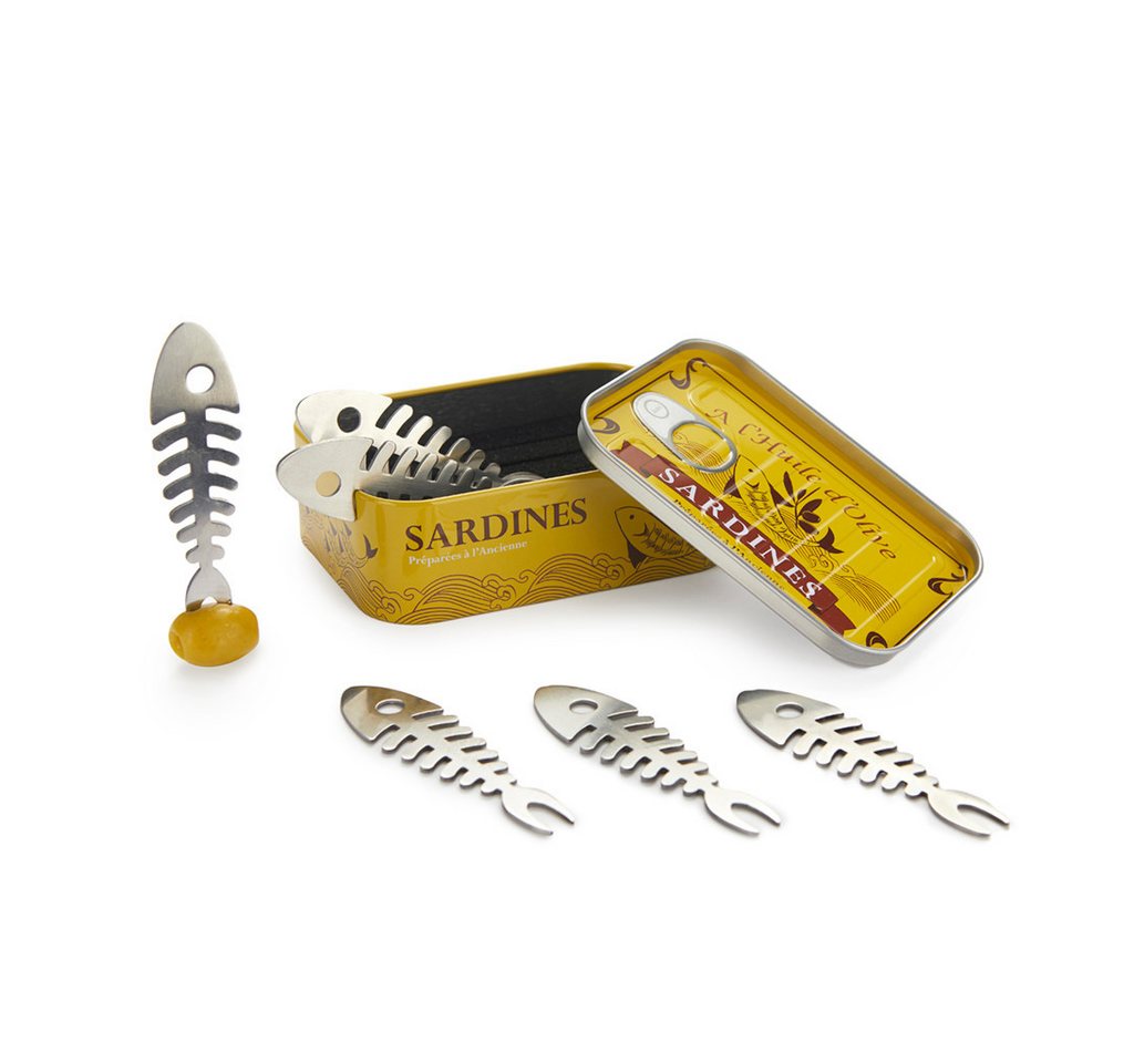 Balvi Brotzeitgabel Sardines Set - 6er Set Aperitiv-Gabeln Sardinen - Metall Piekser (6 Stück), Cocktailspieße, Cocktail-Gabeln in Sardinendose - Snackgabel Sardine von Balvi