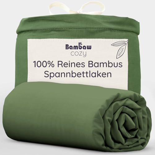 Bambaw Bambus Spannbettlaken 140x200 cm, 35 cm Steghöhe, Anti Allergie Bettwäsche, Bettlaken Sommer, kühlende und atmungsaktive Bettwäsche, 100% Bambus Bettlaken 140x200 cm (Olivgrün) von Bambaw