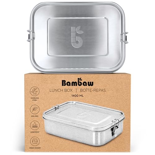 Bambaw Edelstahl Brotdose mit Fächern 1400ml | Auslaufsichere Lunchbox für Erwachsene & Kinder | Spülmaschinenfeste Bento Box | Brotbox mit Unterteilung zum Verschieben | Metall Lunchbox von Bambaw