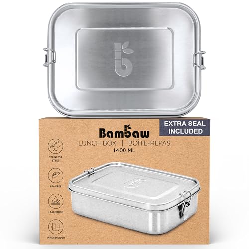Bambaw Edelstahl Brotdose mit Fächern 1400ml | Auslaufsichere Lunchbox für Erwachsene & Kinder | Spülmaschinenfeste Bento Box | Brotbox mit Unterteilung zum Verschieben | Metall Lunchbox von Bambaw