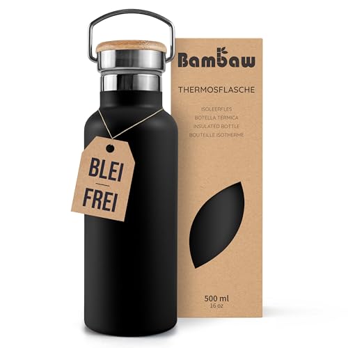 Bambaw Isolierflasche 500ml, Schwarze Trinkflasche, Edelstahl Trinkflasche, Thermosflasche Fahrrad, Trinkflasche Auslaufsicher 500ml – Tiefschwarz von Bambaw