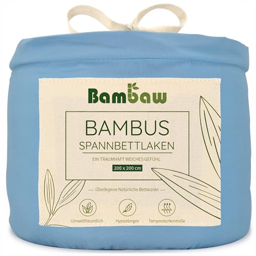 Bambaw - Spannbettlaken 200x200 cm - Spannbettlaken blau - Spannbettlaken Bambus - hypoallergen - weiches und atmungsaktives Spannbetttuch 200x200 cm, für Sommer und Winter - hellblau von Bambaw