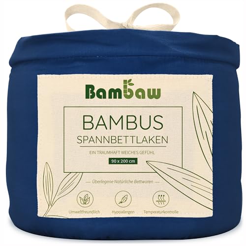 Bambaw - Spannbettlaken 90x200 cm - Spannbettlaken blau - 100% Bambus - hypoallergen - weiches und atmungsaktives Spannbetttuch 90x200 - für Sommer und Winter - Spannbetttuch Allergiker - Marineblau von Bambaw