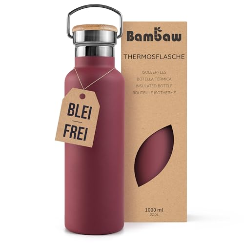 Bambaw Thermoflasche 1.l, Rote Flasche, Edelstahl Trinkflasche, Große Wasserflasche, 1 Liter Thermosflasche – Kirschrot von Bambaw