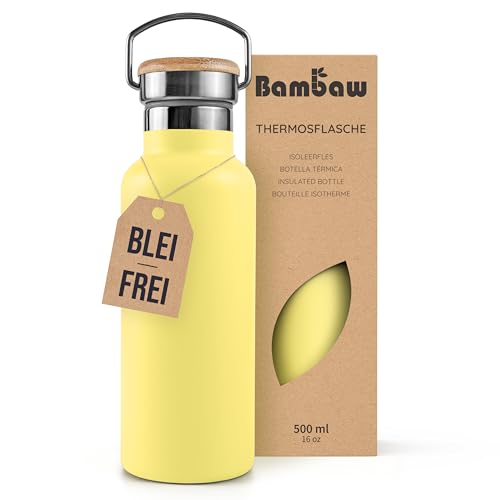 Bambaw Thermosflasche 500ml, Trinkflasche Gelb, Edelstahl Trinkflasche, Fahrradflasche Edelstahl, Trinkflasche Spülmaschinengeeignet – Sonnengelb von Bambaw