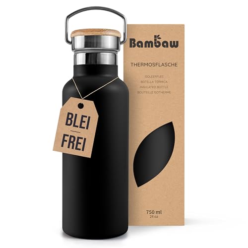 Bambaw Thermosflasche 750ml, Trinkflasche Schwarz, Trinkflasche Edelstahl 750ml, Trinkflasche Spülmaschinenfest, Isoflasche, Getränkeflasche – Tiefschwarz von Bambaw