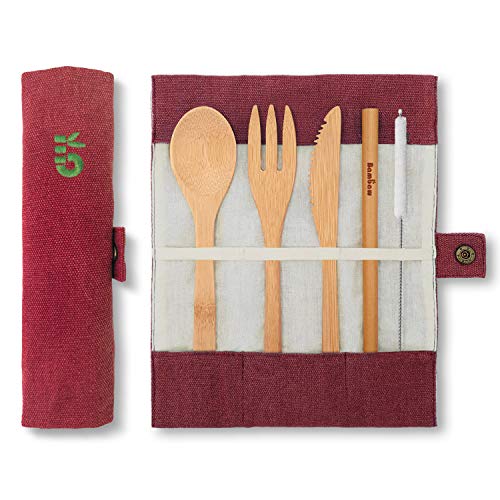 Eßbesteck aus Bambus | Reisebesteck | umweltfreundliches Besteckset | Messer, Gabel, Löffel und Strohhalm| Besteck Holz | Reisebesteck für unterwegs mit Reiseetui | 20 cm | Beere | Bambaw von Bambaw