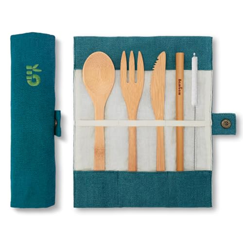 Eßbesteck aus Bambus | Reisebesteck | umweltfreundliches Besteckset | Messer, Gabel, Löffel und Strohhalm| Besteck Holz | Reisebesteck für unterwegs mit Reiseetui | 20 cm | Lagune | Bambaw von Bambaw