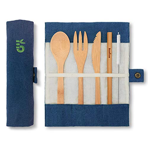 Eßbesteck aus Bambus | Reisebesteck | umweltfreundliches Besteckset | Messer, Gabel, Löffel und Strohhalm| Besteck Holz | Reisebesteck für unterwegs mit Reiseetui | 20 cm | Ozean | Bambaw von Bambaw
