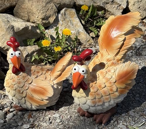Bambelaa! Gartenfigur Lustige Deko Hühner Garten Figuren Draußen Groß Wetterfest Polyresin Hühnerfiguren Gartendeko Huhn Tiere Frühling Außenbereich Henne Outdoor Bunt 2er Set von Bambelaa!
