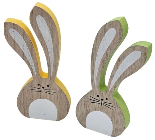 Bambelaa! Osterhase Deko Holz 2er Set Ostern Osterdeko Tisch Innen Hasen Pärchen Dekoration Osterhasen Figuren Osterdekoration Tischdeko Frühling Esstisch Osterhäschen Gelb & Grün ca. 6,5 x 1,5 x 15cm von Bambelaa!