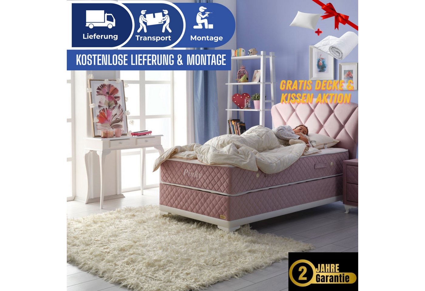 Bambi Boxspringbett Kinderbett 90 x 200 Boxspringbett 90 x 200 inkl. Matratze Pinky von Bambi