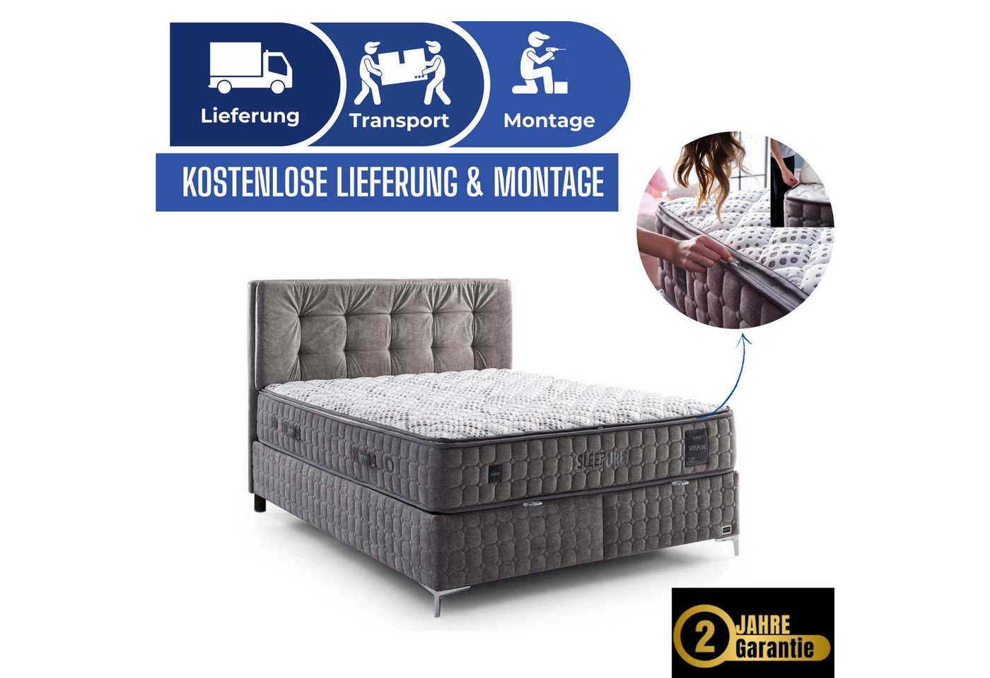 Bambi Boxspringbett Stauraumbett inkl. Matratze und Kopfteile Sleepure (Boxspringbett mit Bettkasten & Matratze, 4-St) von Bambi