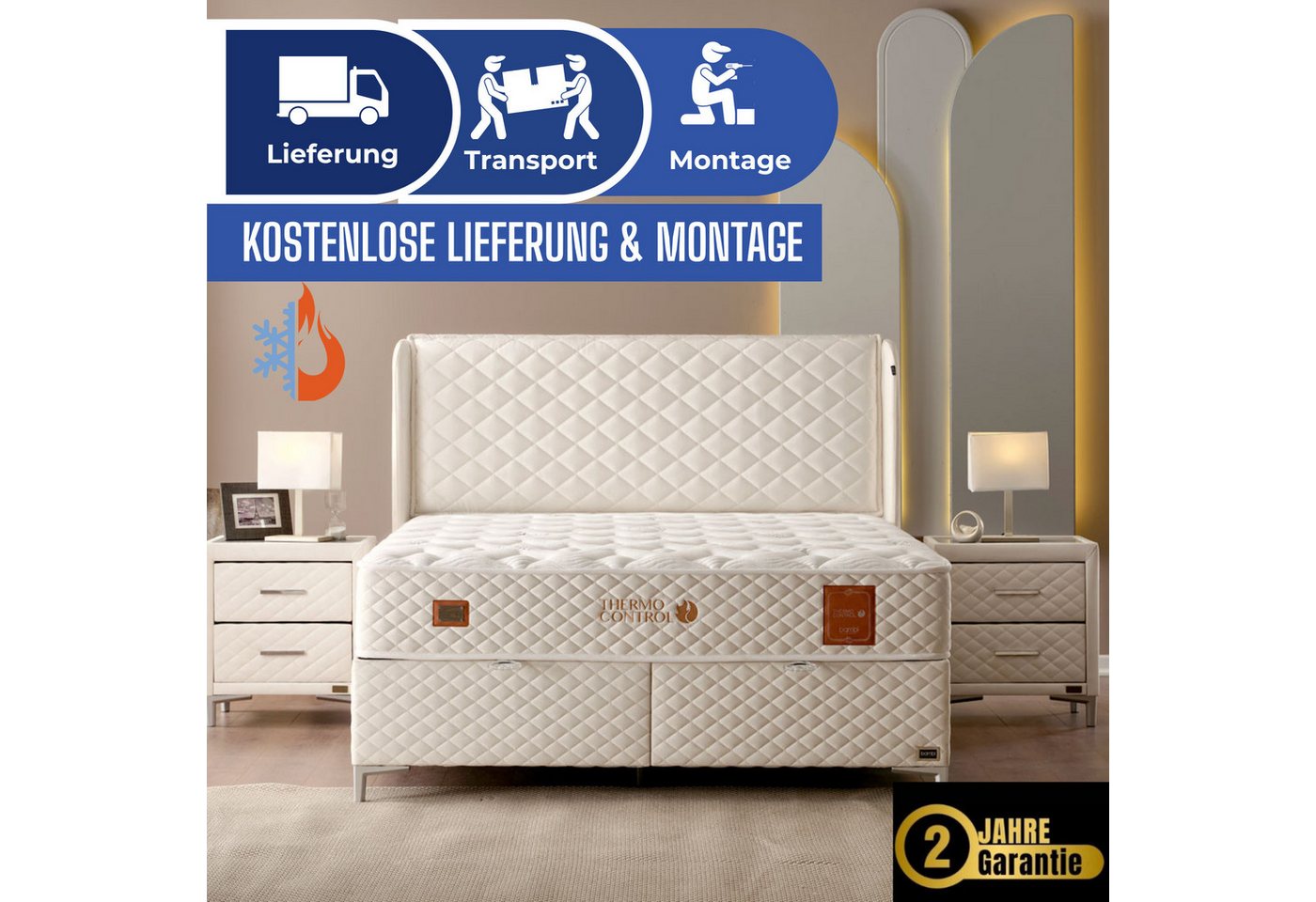 Bambi Boxspringbett mit Matratze mit Topper Polsterbett Stauraumbett Thermo Control (2 Bettkästen, 1 Matratze, Kopfteil) von Bambi