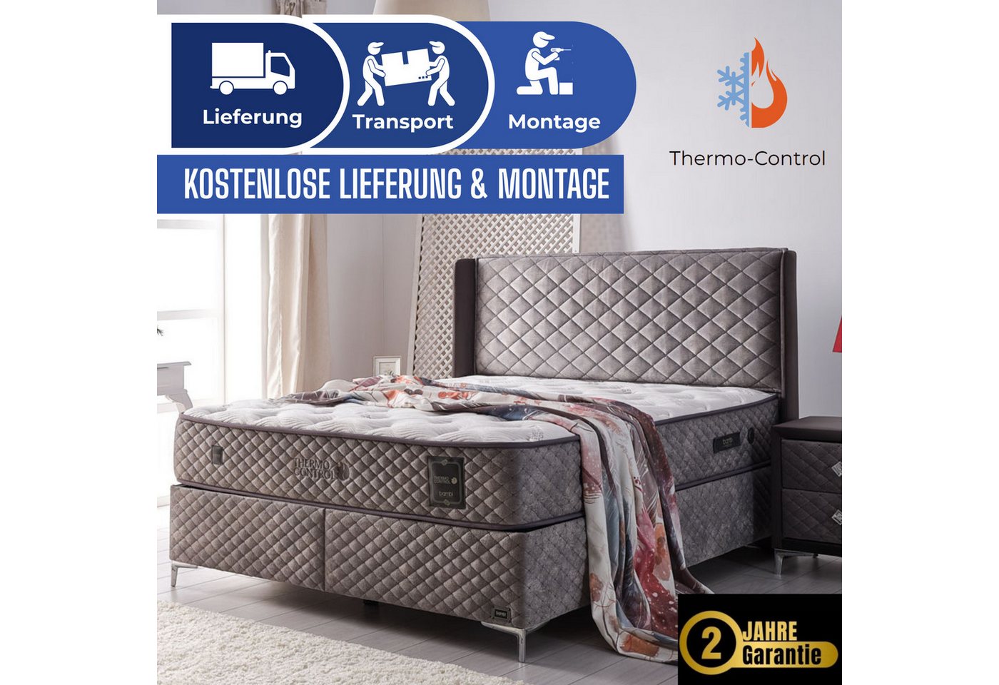 Bambi Boxspringbett mit Matratze mit Topper Polsterbett Stauraumbett Thermo Control (2 Bettkästen, 1 Matratze, Kopfteil) von Bambi