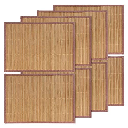 BambooMN Bambuslamellen Tischset mit Stoffbordüre, einfarbiger Druck, 45,7 x 33 cm, Braun, 8 Stück von BambooMN
