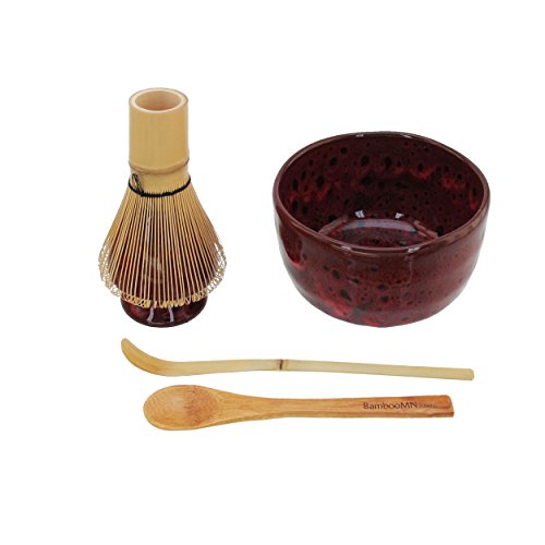BambooMN Brand - Matcha Bowl Set (Includes Bowl, Rest,Tea Whisk, Chasaku, & Tea Spoon) 1 Set Deep Red w/Black by BambooMN von BambooMN