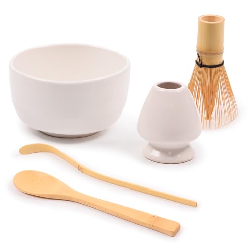 BambooMN Brand - Matcha Bowl Set (Includes Bowl, Rest,Tea Whisk, Chasaku, & Tea Spoon) 1 Set White by BambooMN von BambooMN